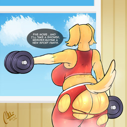 anthro big_breasts big_butt biped bodily_fluids bottomwear bra breasts butt clothing dialogue dumbbell exercise exercise_clothing faceless_anthro faceless_character faceless_female female fur inside mature_anthro mature_female pants rear_view solo speech_bubble sports_bra standing sweat sweat_stain sweaty_butt text torn_bottomwear torn_clothing torn_pants underwear wardrobe_malfunction weights yellow_body yellow_fur yoga_pants alexnik bluey_(series) mrs._retriever_(bluey) bird_dog canid canine canis domestic_dog golden_retriever hunting_dog mammal retriever 1:1 2026 digital_media_(artwork) hi_res
