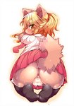 2016 amber_eyes anthro anus big_butt biped blonde_hair bodily_fluids bottomwear butt canid canine canis censor_bar censored clothed clothing condom domestic_dog female fur genitals hair half-closed_eyes hi_res high-angle_view ineffective_censorship kemono kneeling legwear looking_at_viewer looking_back mammal narrowed_eyes necktie no_underwear plump_labia presenting presenting_hindquarters pussy raised_tail ro sexual_barrier_device shirt simple_background sitting skirt solo stockings sweat tail topwear uniform upskirt white_background