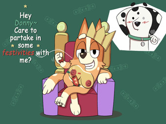 anthro ball black_body black_fur black_nose blush breasts brown_nose chair clothing collar confetti crossed_legs crown crown_only dipstick_tail duo facial_markings female fingerless_gloves fur furniture gesture gloves gloves_(marking) handwear head_markings headgear headgear_only heterochromia highlights_(coloring) leg_markings looking_at_viewer male markings mask_(marking) motion_lines nipples on_style orange_body orange_fur pawpads pink_nipples raised_arm raised_leg simple_background smile smiling_at_viewer socks_(marking) spots spotted_body spotted_fur spotted_markings steam suggestive suggestive_gesture tail tail_markings tennis_ball text throne toothy_grin white_body white_fur yellow_body yellow_fur slightlyarousedguy bluey_(series) bingo_heeler fan_character australian_cattle_dog canid canine canis cattledog dalmatian domestic_dog herding_dog mammal pastoral_dog 4:3 english_text hi_res shaded