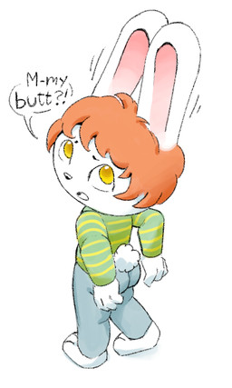 anthro asking_viewer barefoot big_butt black_nose blue_bottomwear blue_clothing blue_pants bottomwear butt clothing dialogue exclamation_point eyebrows feet green_clothing green_shirt green_topwear hair high-angle_view looking_at_viewer looking_back looking_back_at_viewer male motion_lines open_mouth orange_hair pants pattern_clothing pattern_shirt pattern_topwear rabbit_ears rear_view scut_tail shirt short_tail simple_background solo speech_bubble striped_clothing striped_shirt striped_topwear stripes tail talking_to_viewer text topwear white_background white_tail worried yellow_eyes yellow_stripes young young_anthro young_male jubb lagomorph leporid mammal rabbit 2025 3:5 english_text