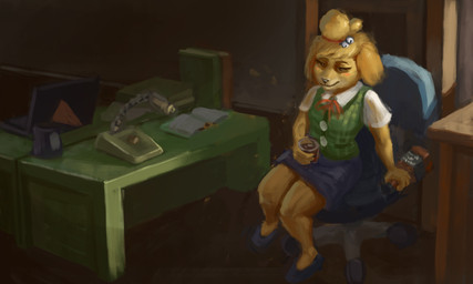 anthro blush clothed clothing drinking female fur office solo yellow_body yellow_fur monduck animal_crossing nintendo isabelle_(animal_crossing) canid canine canis domestic_dog mammal shih_tzu toy_dog absurd_res digital_media_(artwork) hi_res