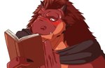 2_horns anthro blush bodily_fluids book fangs horn male reading reading_book solo sweat sweatdrop teeth stangart lustful_desires roushk_(lustful_desires) lizardfolk_(lustful_desires) lizardman scalie