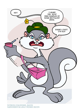 4_fingers angry anthro black_text blue_eyes bowler_hat buckteeth clothing container cup dialogue eyelashes featureless_crotch female female_anthro fingers flower fur glistening glistening_eyes green_clothing green_hat green_headwear grey_body grey_ears grey_fur grey_tail hand_on_hip hand_on_own_hip hat hat_only headgear headgear_only headwear headwear_only holding_container holding_cup holding_object logo mostly_nude mostly_nude_anthro mostly_nude_female motion_lines multicolored_body multicolored_fur open_mouth pink_inner_ear pink_nose pink_purse pink_tongue plant purse snout solo speech_bubble tail talking_to_viewer teeth text tongue two_tone_body two_tone_fur two_tone_hat two_tone_tail white_body white_fur white_tail yellow_clothing yellow_flower yellow_hat yellow_headwear roger_bacon animaniacs warner_brothers slappy_squirrel mammal rodent sciurid tree_squirrel 2026 absurd_res artist_logo english_text hi_res url