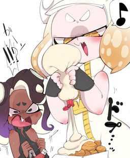 black_eyes blush bodily_fluids breasts chicken_meat chicken_nugget clothing dark_body dark_skin duo female fingerless_gloves food gloves handwear interrobang ketchup mayonnaise meat musical_note musical_symbol open_mouth pseudo_hair shocked simple_background speech_bubble suction_cup sweat symbol tears tentacle_hair tentacles white_background yellow_eyes 9999gpera nintendo splatoon marina_(splatoon) off_the_hook_(splatoon) pearl_(splatoon) animal_humanoid aquatic aquatic_humanoid cephalopod cephalopod_humanoid humanoid inkling mollusk mollusk_humanoid octarian octoling