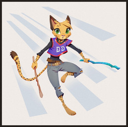 3_toes anthro arnis barefoot belt bent_leg bottomwear clothing collar denim denim_bottomwear denim_clothing eyebrows facial_markings feet female fur green_eyes head_markings head_tuft holding_object holding_weapon jeans jersey long_sleeve_shirt long_tail markings open_mouth pants pointy_ears pupils raised_eyebrows shirt simple_background slit_pupils solo spots spotted_body spotted_fur striped_markings stripes tail text text_on_clothing toes topwear torn_bottomwear torn_clothing torn_jeans torn_pants tuft weapon yellow_body yellow_fur ruffu pepper_in_the_sandbox pepper_(ruffu) felid feline mammal serval digital_drawing_(artwork) digital_media_(artwork)