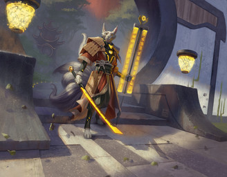 anthro asian_clothing banner barefoot building clothing dutch_angle feet fur grey_body grey_fur holding_banner holding_melee_weapon holding_object holding_sword holding_weapon lamp looking_at_viewer male melee_weapon multi_tail plant red_clothing samurai solo sword tail tree warrior weapon pindurski hasbro magic:_the_gathering wizards_of_the_coast canid canine fox mammal 2022 digital_media_(artwork) official_art