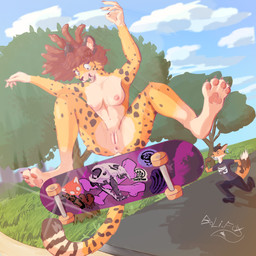 anthro anus areola black_clothing black_shirt black_t-shirt black_topwear brown_ears brown_hair brown_spots clitoris clothed clothed_anthro clothed_male clothing dipstick_tail duo female fur genitals gloves_(marking) hair humanoid_genitalia humanoid_hands humanoid_vulva inner_ear_fluff leg_markings logo_on_shirt looking_down male markings nipples nude nude_anthro nude_female pawpads pink_areola pink_inner_ear pink_nipples pink_pawpads running shirt skateboard skateboarding socks_(marking) solo_focus spots spotted_body spotted_fur t-shirt tail tail_markings topwear tuft vehicle vulva white_inner_ear_fluff bolivarfox limp_bizkit linkin_park jenny_(bolivarfox) cheetah felid feline mammal 1:1 hi_res