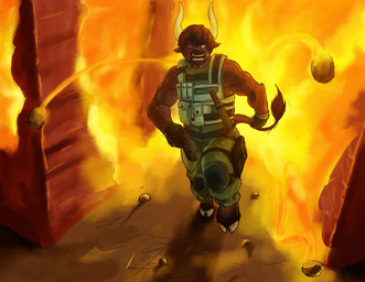 anthro biped brown_body brown_fur brown_hair clothed clothing cloven_hooves dagger detailed_background explosion facial_piercing facial_scar fire front_view fur gun hair handgun holding_gun holding_object holding_ranged_weapon holding_weapon hooves horn knee_pads male melee_weapon military nose_piercing nose_ring one_eye_closed piercing pistol ranged_weapon ring_piercing running scar septum_piercing short_hair soldier solo tail tail_tuft teeth tuft warrior weapon white_horn wristband thelionfish the_spiner strider_auroch bovid bovine cattle mammal 2013 digital_media_(artwork)