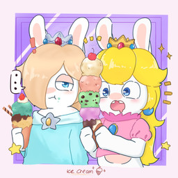 3_fingers anthro arms_bent blonde_hair blue_clothing blue_dress blue_ear_piercing blue_eyes blue_pupils blush cherry clothed clothed_female clothing crown dress duo ear_piercing eating_ice_cream ellipsis exclamation_point female fingers food fruit gem hair hair_over_eye half-closed_eyes headgear holding_food holding_ice_cream_cone holding_object hungry ice_cream_cone light long_hair looking_at_viewer mouth_closed narrowed_eyes open_mouth piercing pink_clothing pink_shirt pink_topwear plant pupils purple_background ruby_(gem) sapphire_(gem) shirt simple_background sparkles speech_bubble star_(shape) tan_eyelids text topwear peypey_mei1925 mario_bros mario_plus_rabbids_kingdom_battle mario_plus_rabbids_sparks_of_hope nintendo raving_rabbids rayman_(series) ubisoft rabbid_peach rabbid_rosalina lagomorph mammal rabbid 1:1 2025 colored crossover digital_drawing_(artwork) digital_media_(artwork) english_description english_text hi_res lighting shaded
