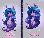 blue_hair female gradient_hair hair horn long_hair multiple_styles purple_eyes solo sparkles sparkling_character style_change tongue tongue_out celes-969 hasbro mlp_g5 my_little_pony mythology izzy_moonbow_(mlp) equid equine mammal mythological_creature mythological_equine unicorn absurd_res hi_res