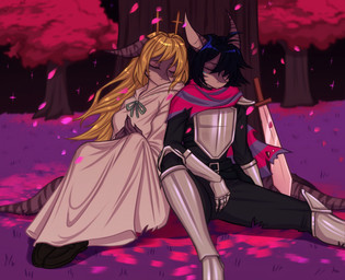 anthro armor bottomwear cape clothed clothing cosplay duo eyes_closed female footwear forest hair male medieval medieval_armor medieval_clothing medieval_fantasy melee_weapon outside plant shoes sitting sleeping sword tail topwear tree weapon vina.ink deltarune undertale_(series) kris_dreemurr noelle_holiday fish marine shark digital_media_(artwork) hi_res