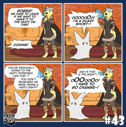 anthro clothing costume dialogue duo furniture halloween_costume holidays humor living_room male sofa speech_bubble stained_bed_sheet standing text ariesartist halloween ben_(ariesartist) roger_(ariesartist) bird_dog canid canine canis domestic_dog fennec_fox fox hunting_dog labrador mammal retriever true_fox alpha_channel comic english_text hi_res
