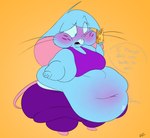 2023 4_fingers absurd_res anthro belly belly_blush big_belly big_breasts big_butt big_cheeks big_ears biped black_eyebrows black_mouth black_whiskers blue_body blue_ears blue_eyes blue_freckles blue_fur blue_hair blush bodily body_blush bottomwear breasts buckteeth butt cheek_tuft cheese chubby_cheeks clothed clothed_anthro clothed_female clothing colored dairy_products dated digital_drawing_(artwork) digital_media_(artwork) eating eating_cheese ellipsis english_text eye_through_hair eyebrow_through_hair eyebrows eyelashes eyelashes_through_hair facial_tuft fat_arms feet female female_anthro fingers food freckles fur fur_tuft glistening glistening_belly groan hair hi_res huge_thighs kantuspaintsinsanity leg_markings long_tail looking_at_own_belly looking_down mammal markings mia_mouse midriff morbidly_obese morbidly_obese_anthro morbidly_obese_female mouse mouse_ears mouse_tail murid murine navel obese obese_anthro obese_female onomatopoeia open_mouth overweight overweight_anthro overweight_female pants partial_speech_bubble pink_feet pink_inner_ear pink_nose pink_tail purple_blush purple_clothing purple_shirt purple_tank_top purple_topwear red_tongue rodent round_ears rumbling_stomach shirt signature simple_background socks_(marking) solo sound_effects speech_bubble sweatpants tail tank_top teeth text thick_arms thick_thighs tongue topwear translucent translucent_hair tuft weight_conscious weight_gain whiskers white_text wide_hipped_female wide_hips yellow_background