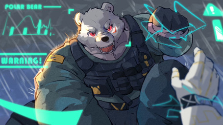 5_fingers anthro clothing fingerless_gloves fingers fur gloves handwear hud male police police_officer police_uniform police_vest raining red_eyes text uniform white_body white_fur ruaccon bear mammal polar_bear ursine 16:9 english_text hi_res widescreen