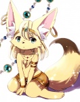 ambiguous_gender anthro big_ears black_nose blonde_hair cheek_tuft chest_tuft clothed clothing ear_piercing facial_tuft fur green_eyes hair inner_ear_fluff jewelry kemono long_hair piercing simple_background solo topless tuft white_background yellow_body yellow_fur kemoribbon canid canine fox mammal 2015