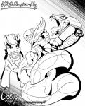 coiling fangs female feral group male teeth whip omny87 friendship_is_magic hasbro my_little_pony caballeron_(mlp) daring_do_(mlp) cobra reptile scalie snake 2018 monochrome