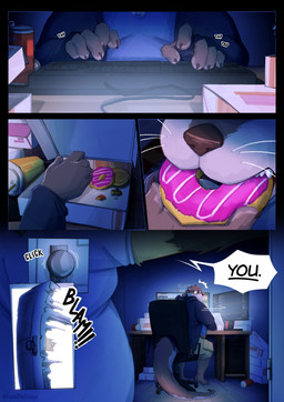 anthro chair computer computer_keyboard dialogue duo eating eating_food electronics food furniture male on_chair sitting sitting_on_chair speech_bubble text whiskers foxinthefridge fridgey_(foxinthefridge) canid canine fox mammal mustelid otter absurd_res comic english_text hi_res