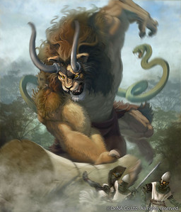 anthro armor battle countershading fog fur furrowed_eyebrows horn leaf living_tail male mane melee_weapon muscular muscular_anthro muscular_male outside plant shield snake_tail solo sword tail tan_body tan_fur teeth tree unusual_anatomy unusual_tail weapon yellow_eyes akiolab duels_x_machina mesopotamian_mythology dena felid humbaba lion mammal pantherine reptile scalie snake 2016 colored digital_media_(artwork) digital_painting_(artwork) official_art painting_(artwork) shaded