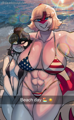 abs american_flag_bikini anthro beach big_breasts bikini black_hair black_sling_bikini blonde_hair blue_eyes blush bone_frill breasts caption clothed clothing curvy_figure detailed_background duo elbow_feathers eyelashes feathers female flag_bikini frill_(anatomy) front_view glistening glistening_body glistening_scales hair hair_bun huge_breasts huge_thighs long_tail magenta_body magenta_scales multicolored_body multicolored_scales muscular muscular_anthro muscular_female navel one-piece_swimsuit outside pubes scales sea seaside selfie sharp_teeth skimpy skimpy_bikini sling_bikini smile spiked_tail spikes spikes_(anatomy) swimwear tail teeth text thick_thighs two-piece_swimsuit two_tone_body two_tone_scales voluptuous voluptuous_anthro voluptuous_female water white_body white_scales wide_hipped_anthro wide_hipped_female wide_hips yellow_eyes deadassspider cavemanon_studios i_wani_hug_that_gator lunara_(iwhtg) mia_moretti bambiraptor dinosaur dromaeosaurid feathered_dinosaur feathered_scalie hadrosaurid ornithischian ornithopod parasaurolophus prehistoric_species reptile scalie theropod 2025 absurd_res artist_name digital_drawing_(artwork) digital_media_(artwork) hi_res watermark