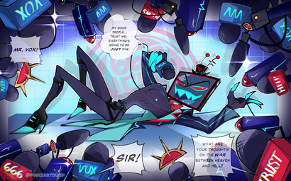 4_fingers athletic athletic_humanoid athletic_male black_clothing black_underwear blue_body blue_eyes blue_skin bow_tie claws clothed clothing dialogue electronics finger_claws fingers for_a_head group harness heart_nipples latex latex_clothing latex_underwear male microphone nipples open_mouth open_smile pecs pupils red_sclera screen screen_face skimpy slit_pupils small_waist smile television text underwear pinksartdump hazbin_hotel hellaverse vox_(hazbin_hotel) demon demon_humanoid humanoid object_head screen_head tv_head 16:10 2024 artist_name digital_drawing_(artwork) digital_media_(artwork) english_text hi_res watermark widescreen