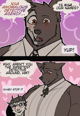 2_panel_comic anthro big_muscles big_pecs black_text blush bone brand clothed clothing dialogue duo eyewear glasses headpat heart_symbol male muscular muscular_anthro muscular_male orange_eyes pecs purple_eyes round_glasses skull skull_head speech_bubble text king_slabu adrian_(king_slabu) nolan_(king_slabu) american_opossum canid canine canis domestic_dog mammal marsupial spirit virginia_opossum absurd_res comic digital_media_(artwork) english_text hi_res