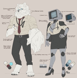 5_fingers anthro biped blue_eyes bottomwear breasts closed_smile clothed clothing color_swatch directional_arrow duo eyewear female fingers fluffy footwear for_a_head fur glasses hand_on_hip heart_symbol high_heels husband_and_wife looking_at_another machine male married_couple mouth_closed necktie office_clothing pants paws ring screen screen_face shirt shoes smile standing text topwear white_body white_fur auveiss canid canine humanoid mammal object_head robot screen_head 2026 absurd_res english_text hi_res