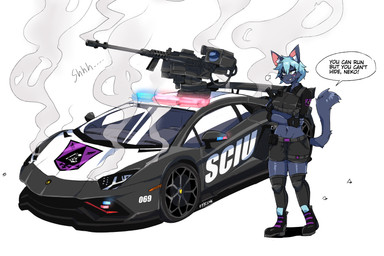 anthro car clothing female gun heavy_machine_gun machine_gun navel police police_car police_vehicle protective_gear ranged_weapon smile solo super_car topwear vehicle vest weapon wheel 077cicok lamborghini aewolnan canid canine fox mammal absurd_res hi_res