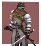 5_fingers anthro armor black_hair bottomwear brown_eyes clothed clothing fingers fully_clothed fur gloves grey_body grey_fur hair handwear holding_melee_weapon holding_object holding_sword holding_weapon inner_ear_fluff looking_aside male melee_weapon muscular muscular_anthro muscular_male pants plate_armor pose scabbard sheathed_weapon short_hair simple_background solo spaulder sword tuft vambrace weapon lerchief2007 the_witcher ghost_(character) canid canine canis mammal wolf hi_res portrait three-quarter_portrait