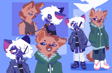 :< anthro anthro_on_anthro arm_tuft bangs bedroom_eyes black_boots black_bottomwear black_clothing black_collar black_footwear black_hotpants black_jacket black_leash black_nose black_shirt black_shoes black_shorts black_tank_top black_topwear blue_eyes blush blush_lines bob_cut boots bottomwear brown_body brown_fur brown_hair brown_inner_ear clenched_teeth closed_smile clothed clothed_anthro clothed_female clothed_male clothing collar counter_shade_face dipstick_tail duo ears_back exposed_shoulder eye_contact eyebrows eyewear female female_on_anthro footwear front_view fully_clothed fully_clothed_anthro fully_clothed_female fully_clothed_male fur furrowed_eyebrows geometric_background glare_(lighting) glasses green_clothing green_hoodie green_topwear hair half-closed_eyes hand_in_pocket hands_in_both_pockets head_tuft hoodie hotpants humanoid_hands interspecies jacket knee_highs leash leash_pull leashed_collar legwear looking_aside looking_at_another looking_away male male/female male_on_anthro markings monotone_body monotone_fur mouth_closed multicolored_body multicolored_fur narrowed_eyes neck_tuft neutral_expression one_ear_up one_eye_obstructed open_clothing open_jacket open_mouth open_topwear pink_inner_ear pivoted_ears pockets purple_body purple_fur raised_eyebrow raised_inner_eyebrows red_eyes round_glasses secretly_loves_it seductive sharp_teeth shirt shoes shorts shoulder_grab shoulder_tuft side_view simple_background slight_blush smile snout standing tail tail_markings tank_top teeth topwear tuft two_tone_body two_tone_fur v-neck v-neck_shirt white_boots white_clothing white_eyebrows white_eyewear white_footwear white_glasses white_hair white_knee_highs white_shoes virteil canid canine domestic_cat felid feline felis mammal 2025 cel_shading shaded