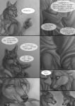5_fingers anthro canid canine canis clothed clothing comic cuddling dialogue digital_media_(artwork) duo ear_piercing embrace english_text eyes_closed fingers fully_clothed greyscale hug looking_down male male/male mammal marcus_(rukis) monochrome piercing reis rukis smile speech_bubble text wolf