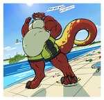 anthro anthro_pred belly big_belly big_muscles big_pecs border digestion fatal_vore huge_muscles huge_pecs hyper hyper_muscles hyper_pecs male muscular navel pecs poolside solo unseen_prey vore white_border gwyvern reptile scalie