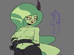 1_horn bedroom_eyes blue_eyes breasts duo eyeshadow featureless_breasts female green_body green_hair green_skin grey_background hair hand_on_hip horn lips long_hair makeup male narrowed_eyes open_mouth seductive simple_background thick_lips wavy_hair wide_hips yellow_eyeshadow yellow_lips aaaaaron122 sega sonic_the_hedgehog_(series) sonic_the_hedgehog the_deadly_six zeena horned_humanoid humanoid zeti digital_drawing_(artwork) digital_media_(artwork) hi_res