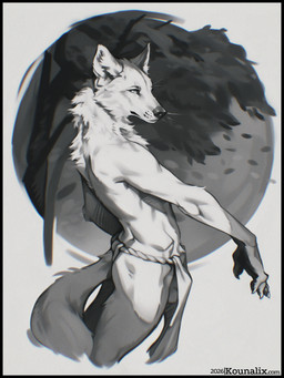 anthro athletic athletic_anthro athletic_male balls barely_visible_genitalia biped black_border border bottomwear bulge butt casual_exposure claws clothed clothed_anthro clothed_male clothing extended_arm eyebrow_whiskers eyebrows finger_claws fingerpads fingers fur fur_markings fur_tuft genitals gloves_(marking) humanoid_hands ineffective_clothing ineffective_loincloth inner_ear_fluff loincloth loincloth_only looking_aside looking_aside_at_viewer looking_at_viewer male male_anthro markings mouth_closed neck_tuft pawpads plant pointy_ears pose prick_ears side_balls side_view snout solo standing tail text topless topless_anthro topless_male tree tuft whisker_spots whiskers kounalix canid canine mammal 2026 3:4 artist_name dated digital_media_(artwork) english_description greyscale hi_res monochrome pinup portrait shaded three-quarter_portrait url