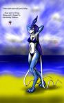 anthro anthrofied beach bikini biped blue_body blue_fur claws clothed clothing cloud detailed_background female fur hair hands_behind_head long_hair looking_at_viewer outside pokemorph purple_hair sand sea seaside skimpy sky solo standing swimwear text toe_claws two-piece_swimsuit water white_body white_fur snowfyre nintendo pokemon aura_(snowfyre) generation_2_pokemon legendary_pokemon pokemon_(species) shiny_pokemon suicune 2010 english_text hi_res