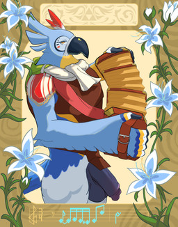 accordion anthro art_nouveau balls beak big_penis black_penis blue_body clothed clothing detailed_background feathers flower genitals male musical_instrument musical_note musical_symbol penis plant purple_penis solo symbol triforce upper_body vein yellow_eyes fructosed breath_of_the_wild nintendo the_legend_of_zelda kass_(tloz) avian bird 2026 absurd_res hi_res