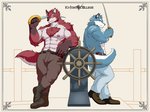 abs anthro body_hair chest_hair chest_tuft clothed clothing duo fur male male/male melee_weapon nipples student sword teacher teacher_and_student topless tuft weapon hazama_jin knights_college argo_northrop diederich_olsen canid canine mammal hi_res