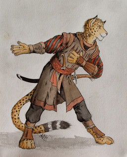 4_toes 5_fingers amber_eyes anthro armor biped bowing brown_eyes clothed clothing dagger digitigrade dipstick_ears dipstick_tail ear_markings feet fingerpads fingers fur greaves male markings melee_weapon multicolored_ears multicolored_tail pauldron pawpads sash simple_background solo spots spotted_body spotted_fur standing sword tail tail_markings toes vambrace weapon 0laffson enorach_(0laffson) cheetah felid feline mammal 2015 traditional_media_(artwork)