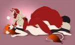 anthro areola black_nose blue_eyes breasts duo female fur hair nipples red_body red_fur simple_background white_hair here-kitty-kitty zeneth_starr_(zeneth_starr_kitsune) zephira canid canine felid fox lion mammal pantherine 2018 digital_media_(artwork)