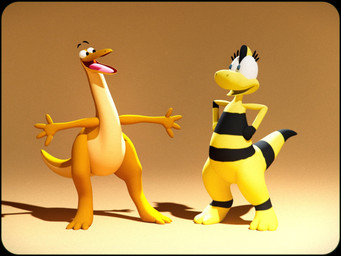 biped bipedal_feral duo female feral floating_eyebrows male orange_body striped_body stripes yellow_body byvsen sture zniw_adventure sture_(character) zniw dinosaur prehistoric_species reptile scalie 2025 3d_(artwork) 4:3 crossover digital_media_(artwork)
