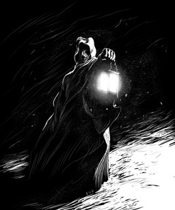 blizzard_(weather) cloak clothing dark grin hood humanoid_hands lamp lantern night sharp_teeth smile snarling snout snow solo teeth wind bwgod canid canine canis domestic_dog mammal absurd_res black_and_white digital_drawing_(artwork) digital_media_(artwork) full-length_portrait hi_res monochrome portrait