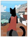 2021 ambient_bird ambient_flier ambient_silhouette ambiguous_gender anthro avian bird black_body clothed clothing domestic_cat duo_focus felid feline felis feral group hi_res mammal silhouette tail urushi_(yorozumaru) whiskers yorozumaru