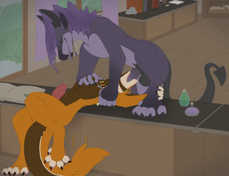 animal_genitalia animal_penis anthro aroused balls beau_hinds bodily_fluids book canine_genitalia canine_penis claws collar deep_throat digit_ring dripping drooling duo equine_genitalia equine_penis erection feet fellatio flared_penis foot_grab fur furniture genital_fluids genitals green_eyes hair holding_down horn jewelry knot leaking_precum legs_up looking_at_another looking_pleasured male male/male male_penetrated male_penetrating male_penetrating_male nubbed_penis nude open_mouth oral oral_penetration pawpads paws penetration penile penis potion_bottle precum precum_drip precum_on_penis precum_string ring saliva sex sheath smile spread_toes store tail toe_claws toe_ring toes tongue tongue_out neshi mythology beau_(neshi) neshi_(character) canid canine dragon felkin furred_dragon furred_scalie mammal mythological_creature mythological_scalie scalie sergal absurd_res digital_media_(artwork) hi_res