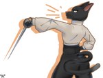 anthro black_body black_fur cat_tail challenge clothed clothing female fur melee_weapon pose rapier rear_view simple_background solo sword tail thick_thighs weapon white_background rizal_ok domestic_cat felid feline felis mammal 4:3 hi_res