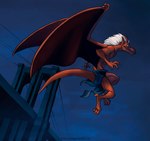 anthro bottomwear bridge clothing detailed_background flying hair horn humanoid_pointy_ears loincloth male membrane_(anatomy) membranous_wings pointy_ears red_body solo tail white_hair wings weremagnus disney gargoyles brooklyn_(gargoyles) gargoyle scalie digital_media_(artwork)