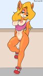 against_surface anthro areola blonde_hair bottomless breasts clothed clothing female genitals green_eyes hair looking_at_viewer nipples open_mouth pink_areola pink_nipples pussy solo young justtaylor activision crash_bandicoot_(series) tawna_bandicoot bandicoot mammal marsupial artist_name hi_res