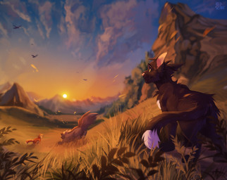 black_body black_fur cloud feather_markings feathers feral fluffy fluffy_tail fur grass grey_body grey_fur group male markings mountain orange_body orange_fur plant smile sun tail trio white_body white_fur mekaska warriors_(book_series) firestar_(warriors) graystripe_(warriors) ravenpaw_(warriors) avian bird domestic_cat felid feline felis mammal absurd_res hi_res