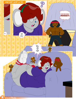 abs anthro arms_tied bdsm big_butt bondage bound butt clothing cookie cosplay dialogue eyewear female food freckled_face freckles furniture gingerbread gingerbread_cookie gingerbread_man glasses greybluestudios group legs_tied male muscular muscular_male overweight overweight_anthro overweight_female pecs pink_eyes purple_clothing purple_shirt purple_topwear shirt sofa speech_bubble text topwear waking_up wearing_glasses dablueguy graybluestudios lazei rambo john_rambo penny_provolone animate_inanimate mammal mouse murid murine rodent 2019 absurd_res comic english_text hi_res