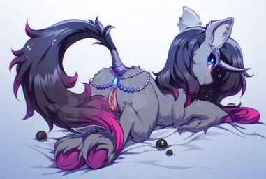 anal anal_penetration beads black_hair black_tail blue_eyes butt butt_jewelry buttplug buttplug_in_ass buttplug_insertion eyelashes female feral fluffy fur gem genitals grey_body grey_fur hair harem_jewelry hooves horn jewel_buttplug jewelry looking_back lying markings object_in_ass penetration pink_hooves pink_markings plug_(sex_toy) plug_insertion presenting presenting_hindquarters quadruped raised_tail rear_view sex_toy sex_toy_in_ass sex_toy_insertion solo sploot tail toony tuft unicorn_horn vulva swaybat mythology them's_fightin'_herds oleander_(tfh) equid equine mammal mythological_creature mythological_equine unicorn 2022 digital_media_(artwork) full-length_portrait hi_res portrait restricted_palette