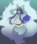 anthro asian_clothing aura big_breasts breasts cleavage clothed clothing east_asian_clothing female hair huge_breasts japanese_clothing japanese_ghost_outfit looking_at_viewer navel purple_hair smile snout solo triuni canid canine fox ghost mammal spirit yurei 2017 digital_media_(artwork)