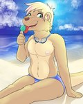 anthro beach blonde_hair blue_clothing blue_speedo blue_swimwear brown_body brown_fur bulge candy clothing cloud dessert eyewear food fur goggles green_eyes hair licking_lollipop lollipop male male_anthro multicolored_body multicolored_fur navel nipples sand sea seaside sitting sky solo speedo sun swimming_goggles swimwear teeth tongue tongue_out two_tone_body two_tone_fur water young young_anthro young_male dasherslash andy_(dasherslash) mammal mustelid otter digital_media_(artwork) hi_res